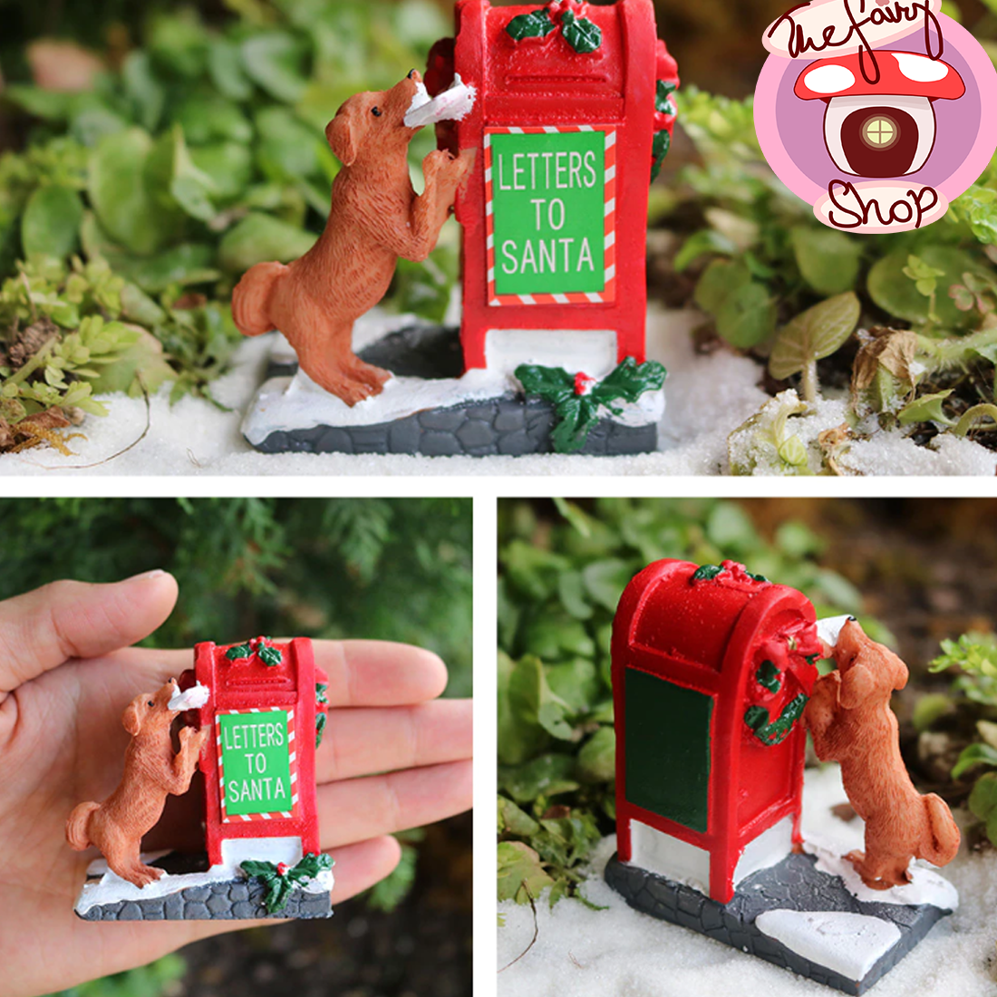 A composite image showing a small figurine of a dog placing a letter into a red mailbox labeled 'LETTERS TO SANTA', set against a fairy garden backdrop. The figurine is also shown in a hand to demonstrate its size.