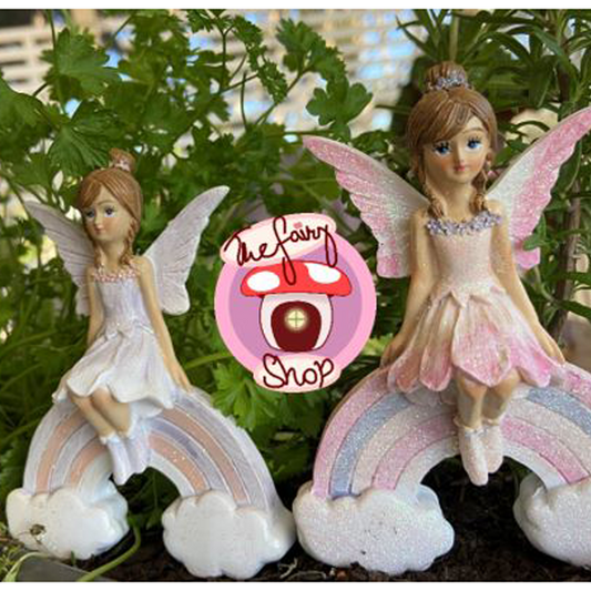 Fairy Figurine Sitting on Rainbow Pink or Purple