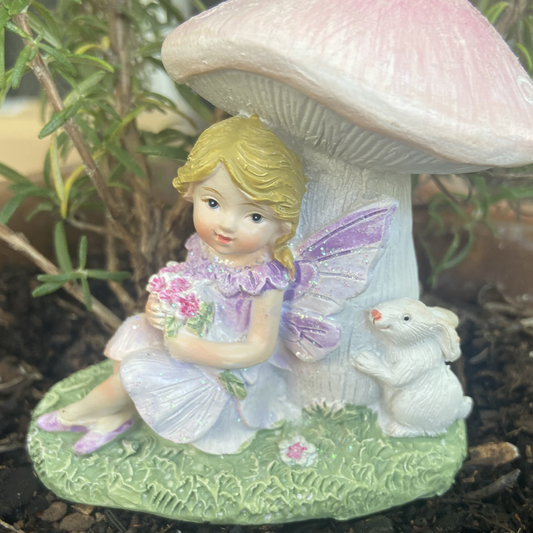 Fairy with Bunny Rabbit Sitting Under a Mushroom Figurine