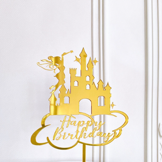 Gold Happy Birthday Cake Topper Castle and Fairy