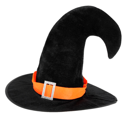 A black curved witches hat with an orange band and a velcro strap at the base.