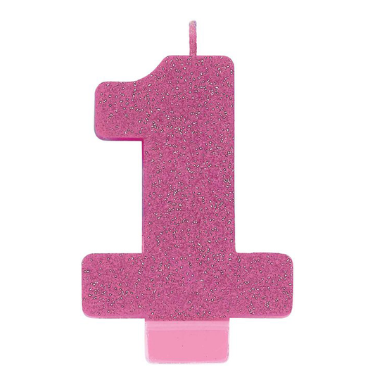 No. 1 Pink Glitter Numeral Pink Candle
