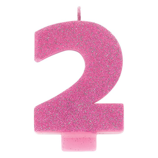 No. 2 Pink Glitter Numeral Pink Candle