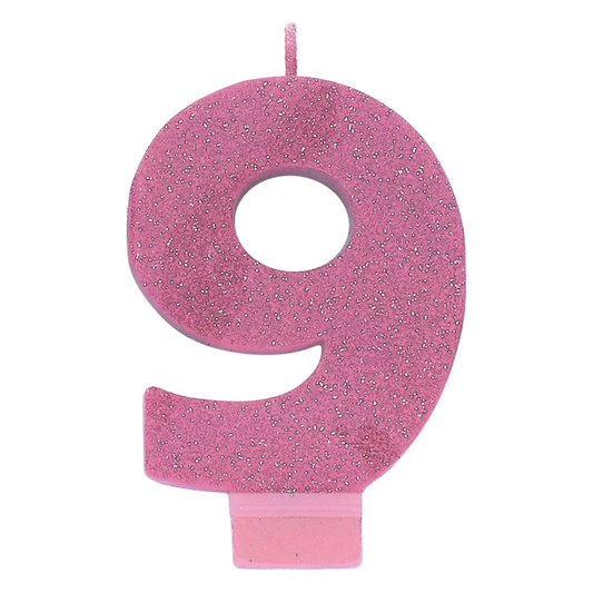 No. 9 Pink Glitter Numeral Pink Candle