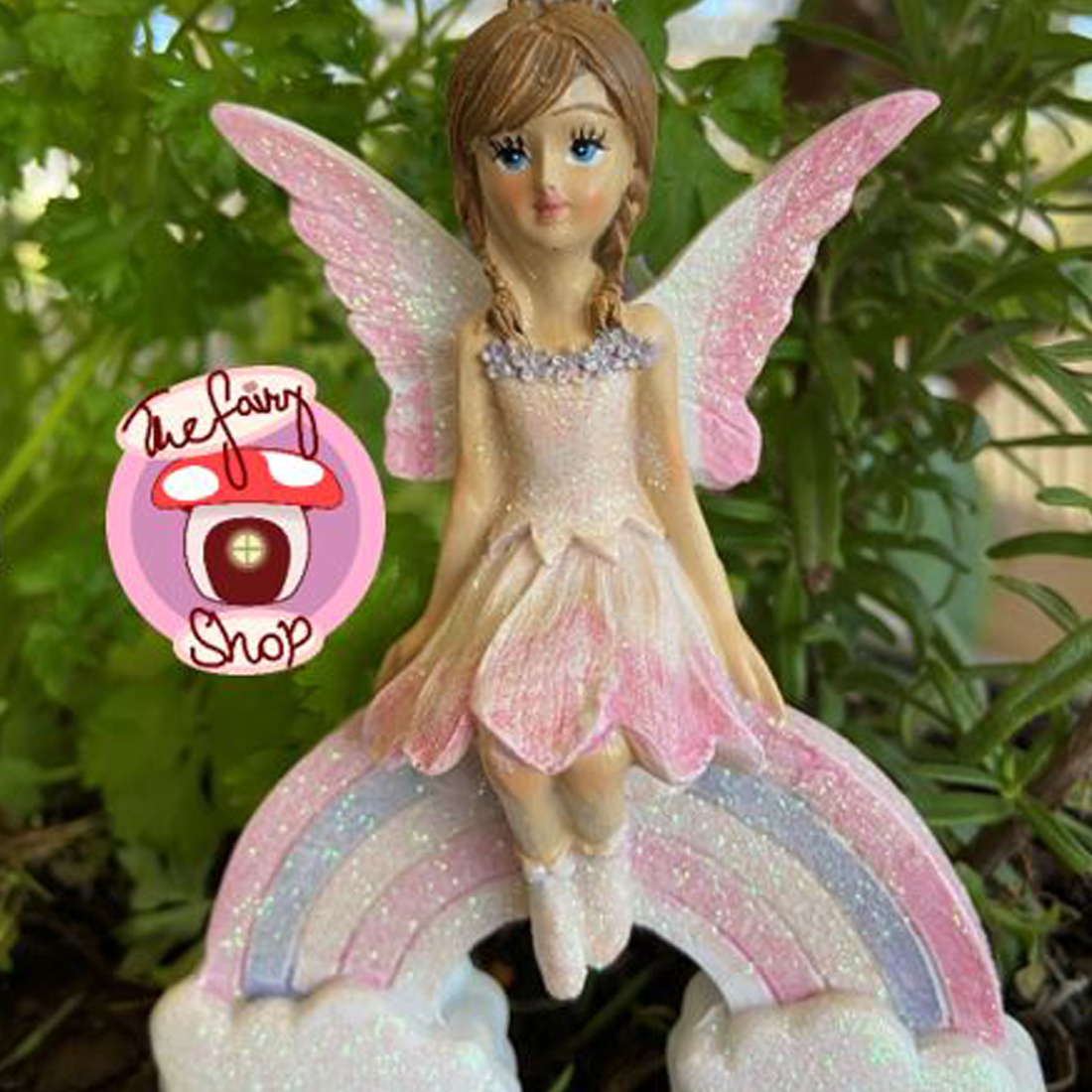 Fairy Figurine Sitting on Rainbow Pink or Purple