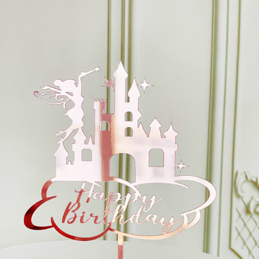 Pink Happy Birthday Cake Topper Castle and Fairy