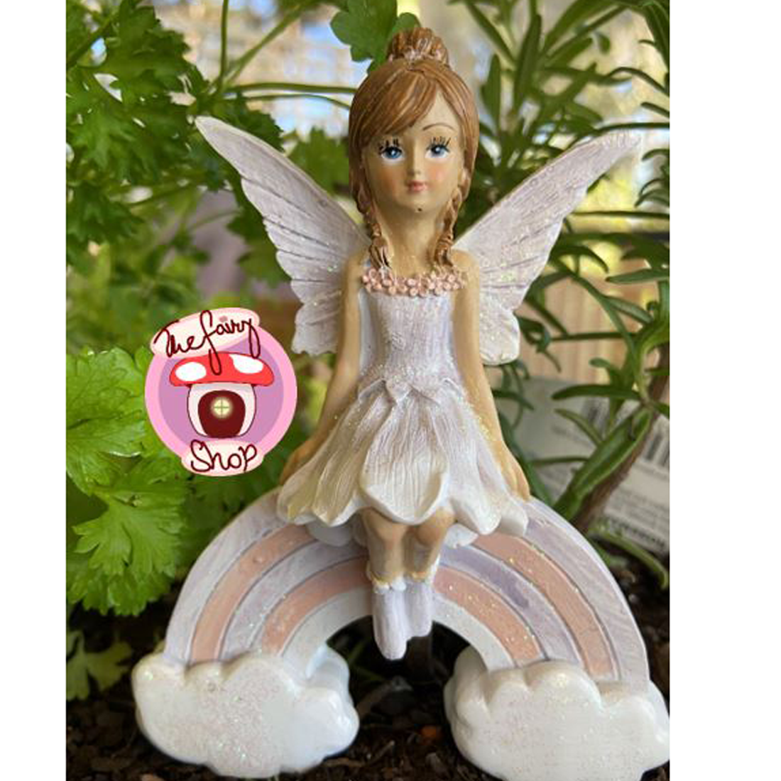 Fairy Figurine Sitting on Rainbow Pink or Purple