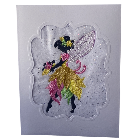 Sparkly Handmade Fairy Carrying Flowers Card and Envelope