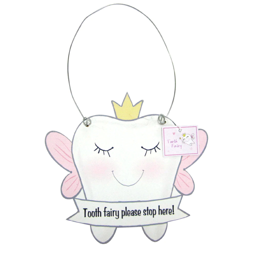 A decorative hanging sign for a child's door, designed as a stylized tooth with wings and a crown, featuring a banner that says 'Tooth fairy please stop here!'.