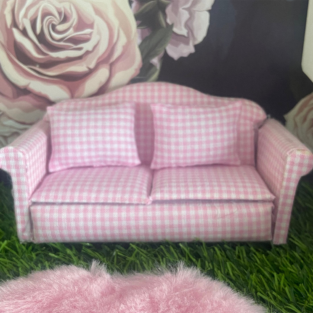 1:12 Scale Miniature Pink and White Gingham Sofa
