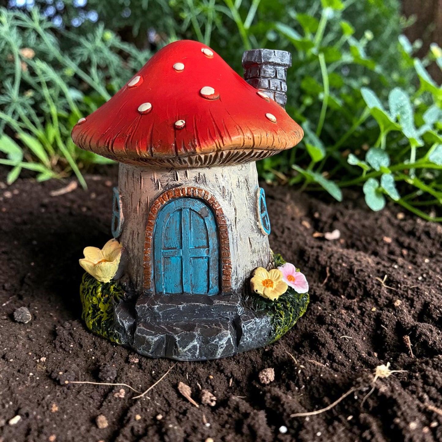 10cm Enchanted Red Mushroom Fairy House with Blue Door