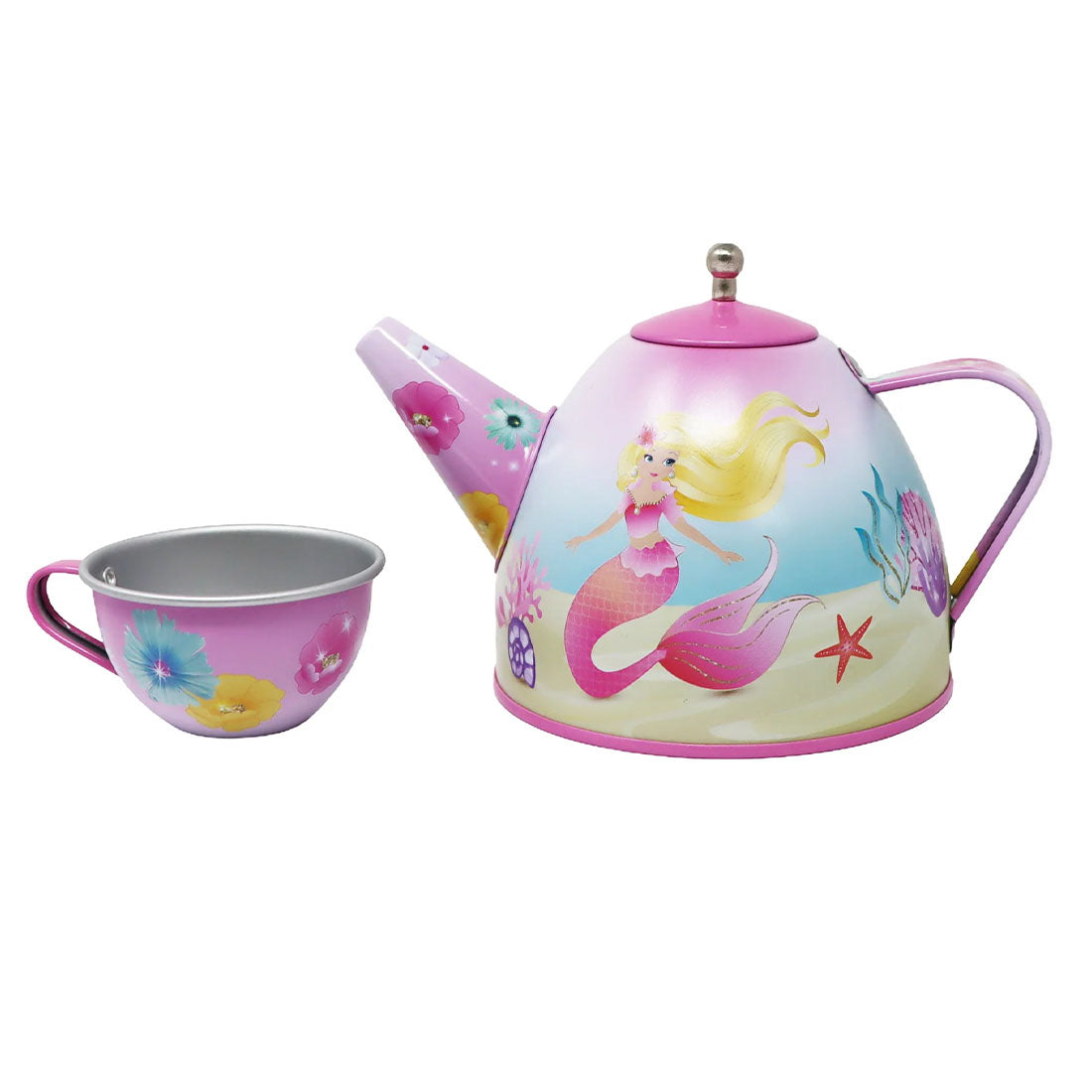 15 Piece Mermaid Tin Tea Set in Pink Basket