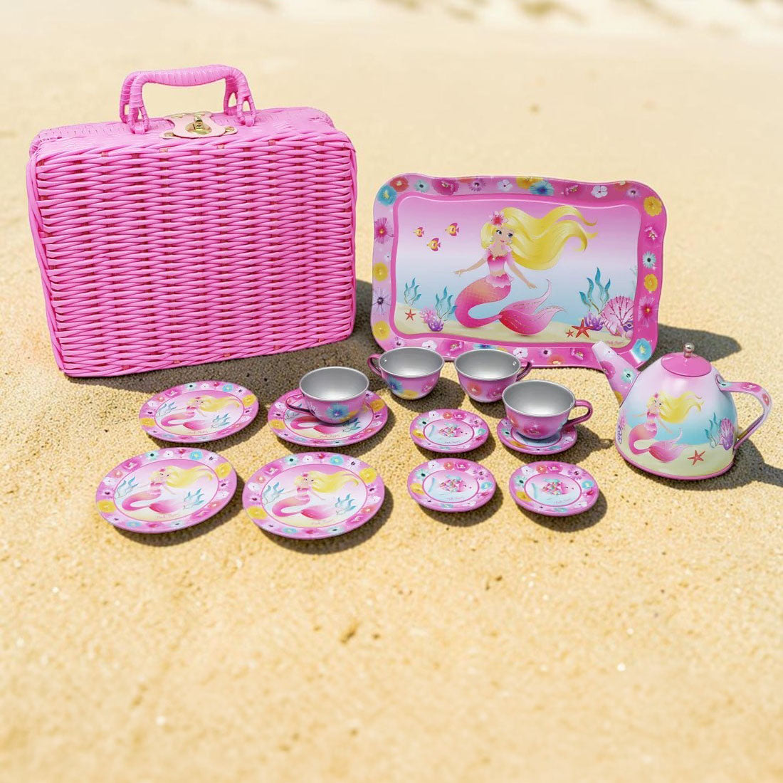 15 Piece Mermaid Tin Tea Set in Pink Basket