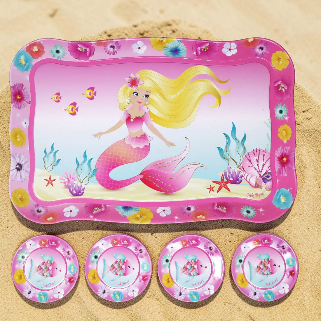 15 Piece Mermaid Tin Tea Set in Pink Basket