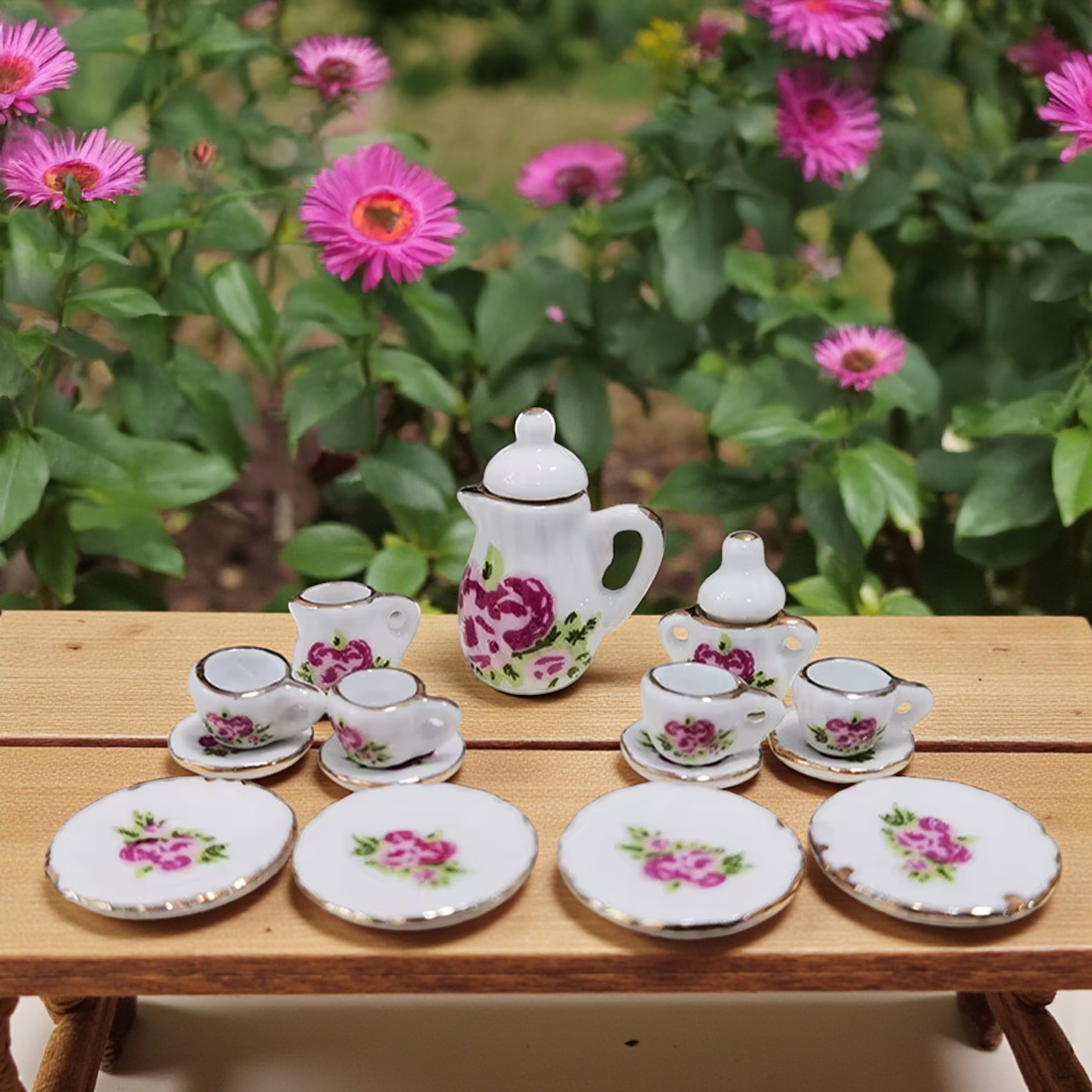 15-Piece Porcelain 1:12 Scale Miniature Dollhouse Flower Tea Set