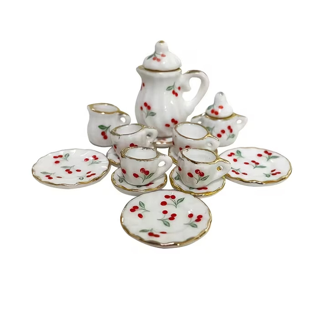 15-Piece Porcelain Cherry 1:12 Scale Miniature Dollhouse Tea Set