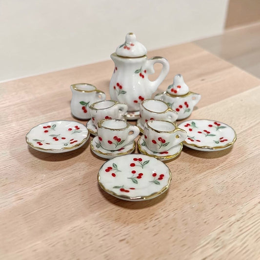 15-Piece Porcelain Cherry 1:12 Scale Miniature Dollhouse Tea Set