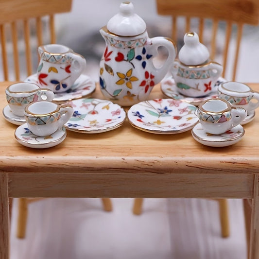 15-Piece Porcelain Floral 1:12 Scale Miniature Dollhouse Tea Set