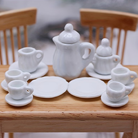 15-Piece Porcelain White 1:12 Scale Miniature Dollhouse Tea Set