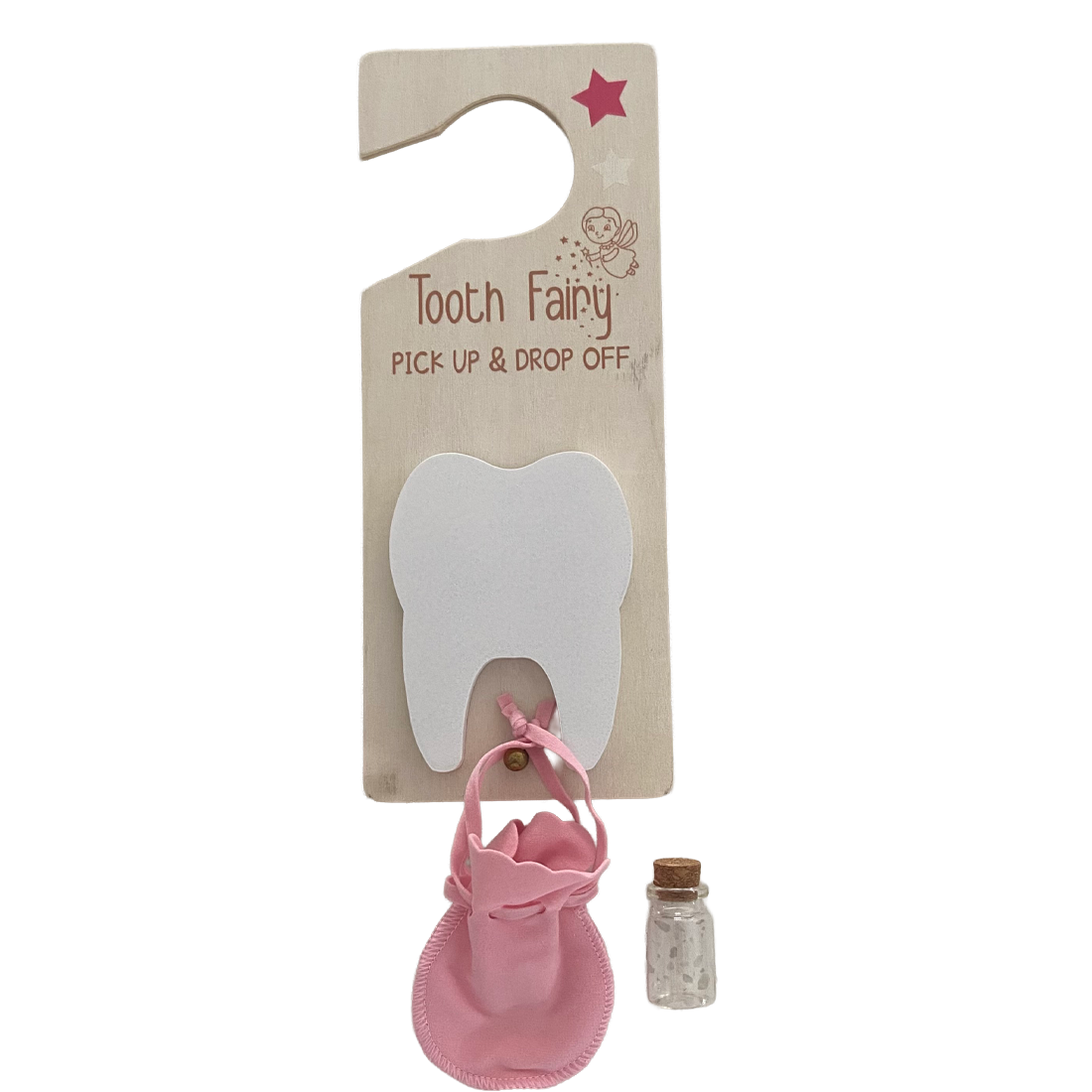 3 Piece Pink Tooth Fairy Door Hanger With Pouch and Bottle Set