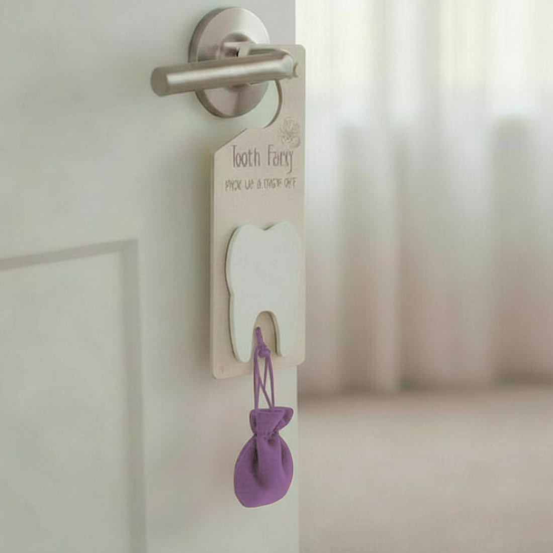 3 Piece Purple Tooth Fairy Door Hanger With Pouch and Bottle Set