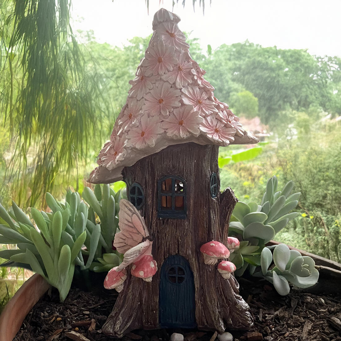 32cm Solar Powered Pink Flower Fairy House