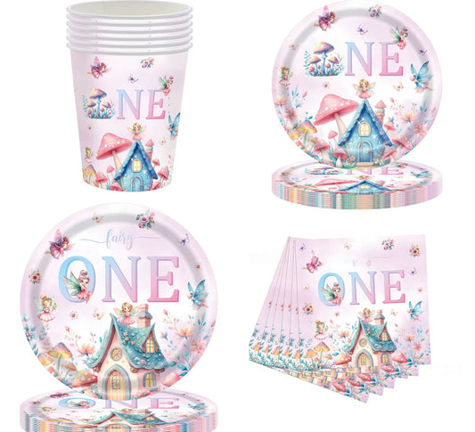 Fairy-themed party supplies including cups, plates, and napkins on a white background