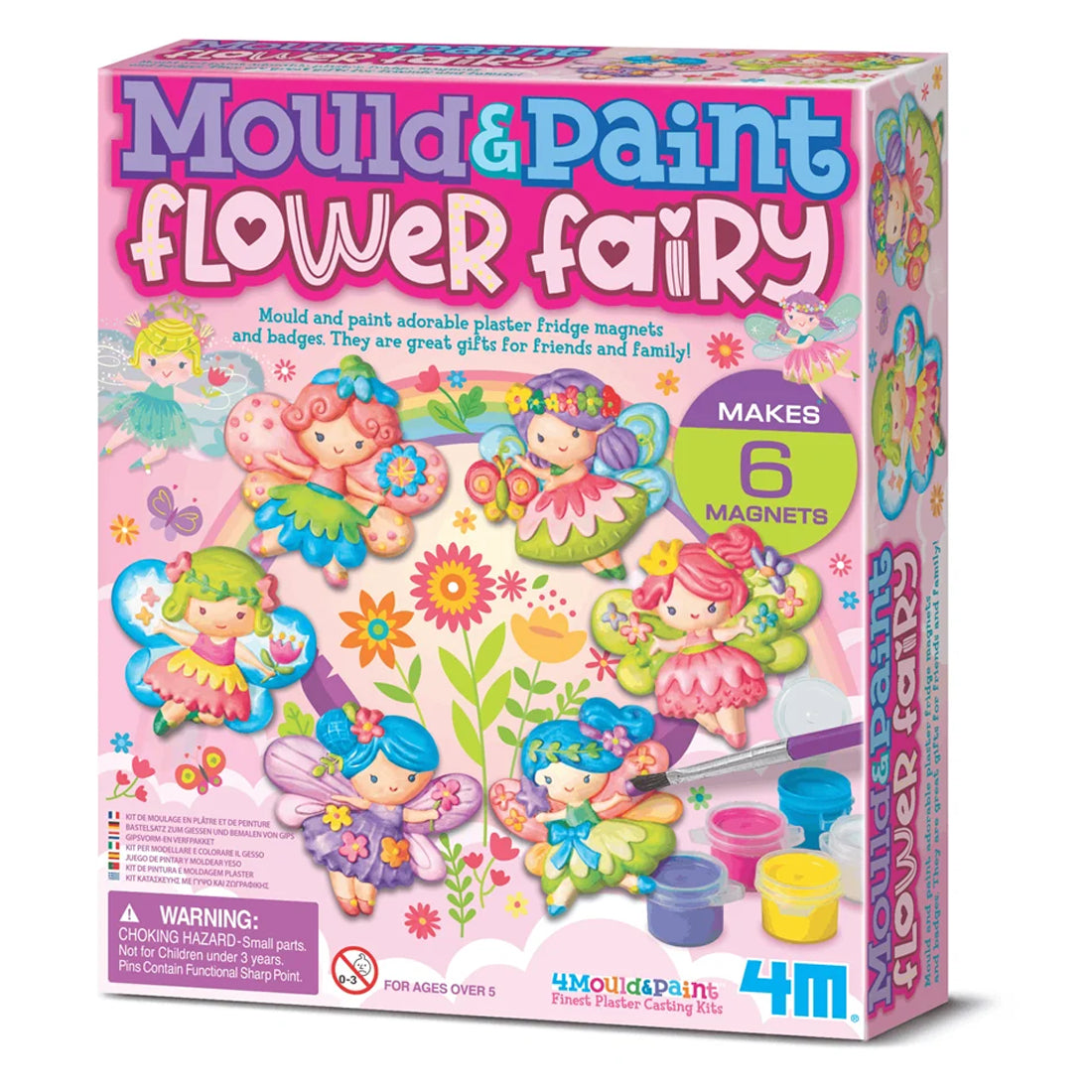 4M Mould & Paint Flower Fairy plastic fridge magnets and badges kit in a pink box, featuring colorful fairy illustrations and paint pots on the front.