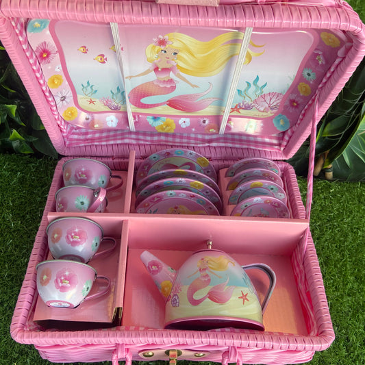 15 Piece Mermaid Tin Tea Set in Pink Basket