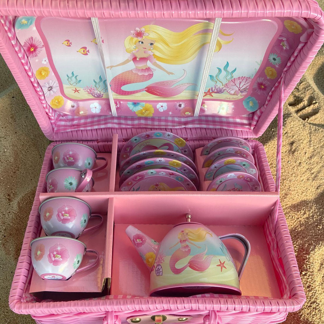 15 Piece Mermaid Tin Tea Set in Pink Basket