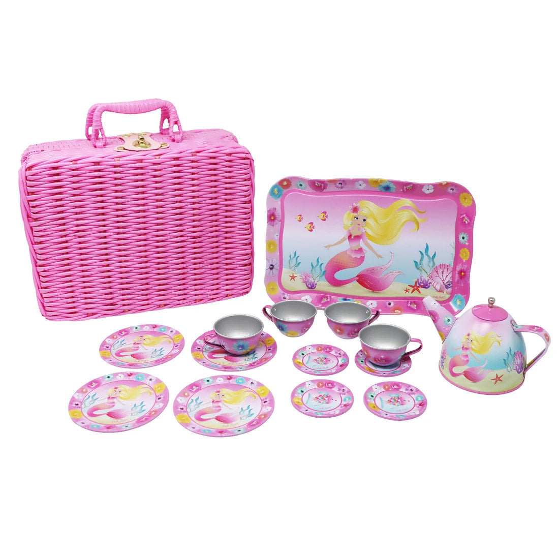 15 Piece Mermaid Tin Tea Set in Pink Basket