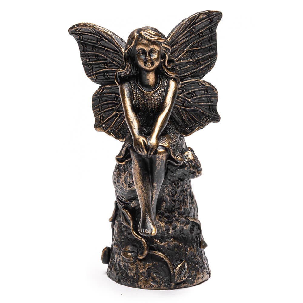 Antique Bronze Fairy Sitting On Tree Stump Stake Topper