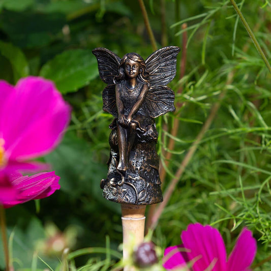 Antique Bronze Fairy Sitting On Tree Stump Stake Topper