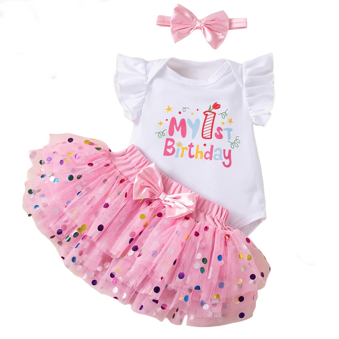 Baby Girl 1st Birthday Outfit Set 3pcs Ruffle Sleeve