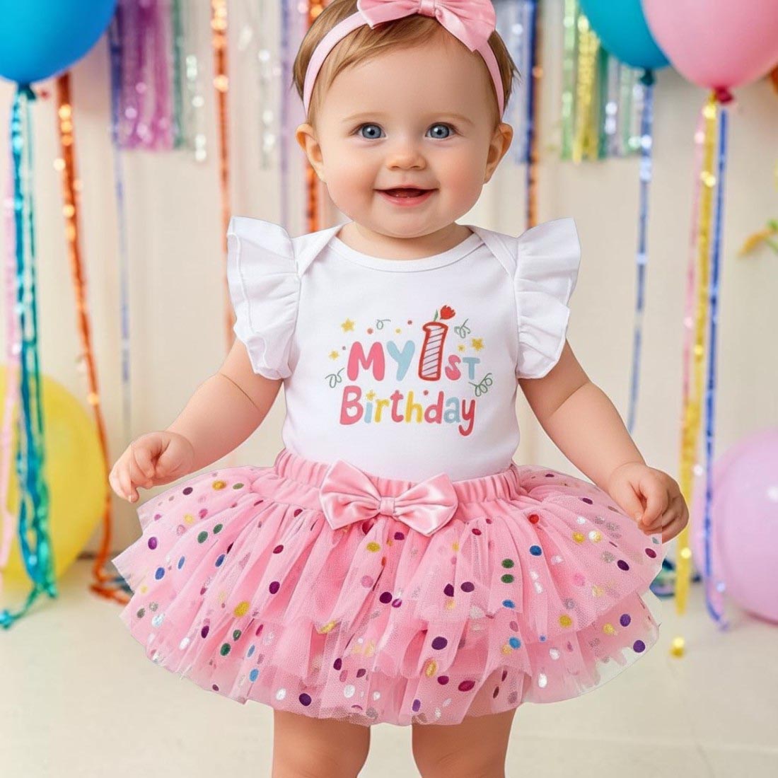 Baby Girl 1st Birthday Outfit Set 3pcs Ruffle Sleeve