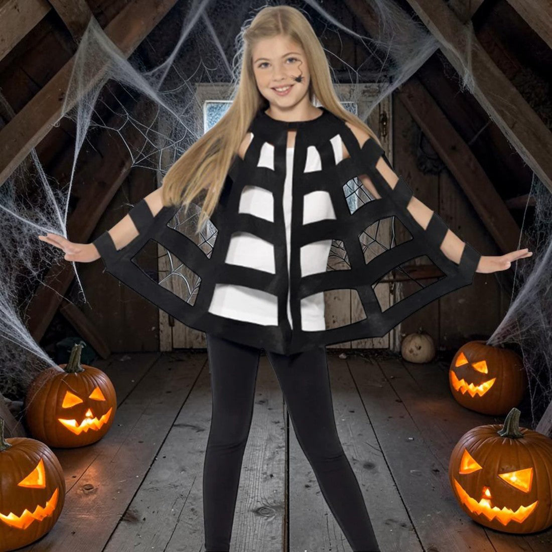 child in a spiders web cape costume