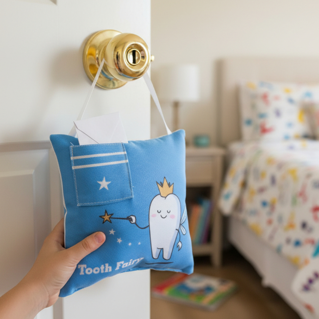 Blue 'Tooth Fairy' pillow hanging on a door handle in a child's bedroom.