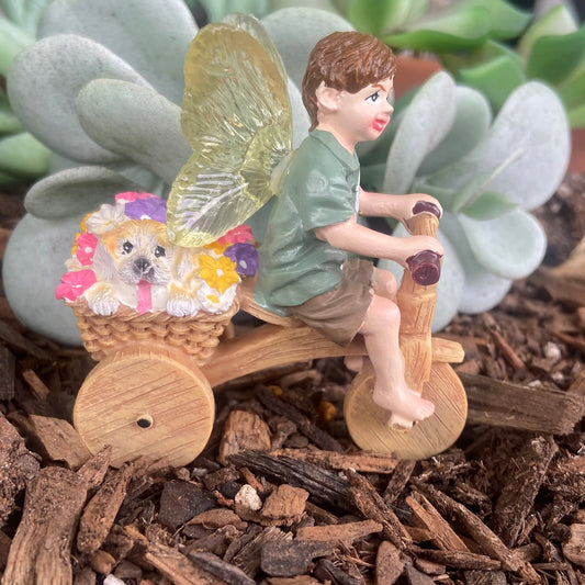 Boy Fairy on a Bicycle with Dog Figurine