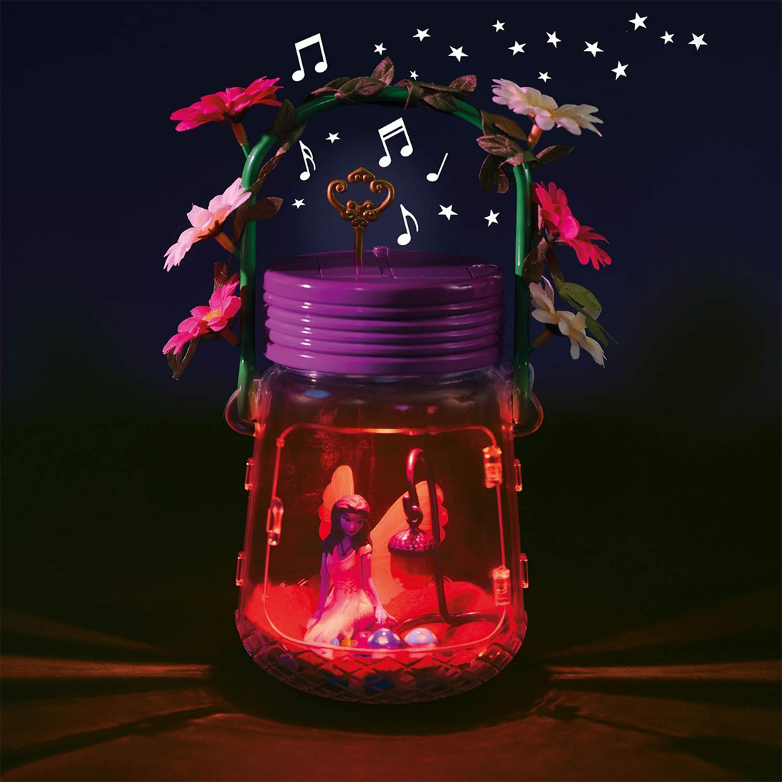 Decorative jar with flowers, music notes, and a heart on a dark background
