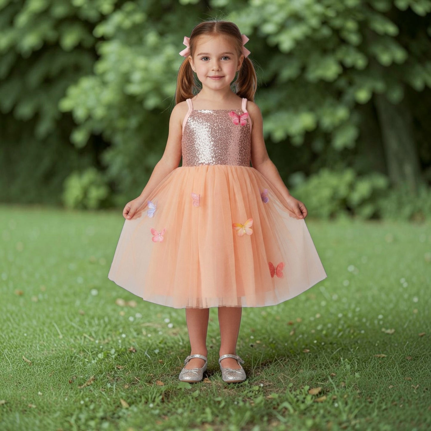 a little girl in a peach fairy dress covered in butterflies