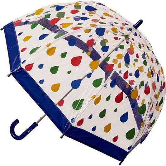Children's Clear Birdcage Umbrella with Raindrops and Blue Trim
