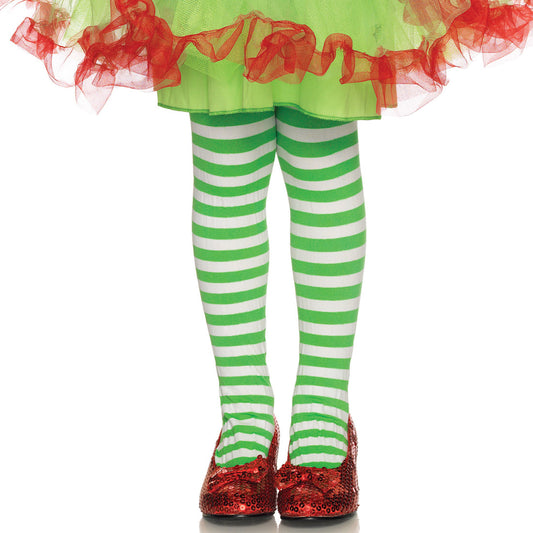 Childrens Striped Green / White Tights