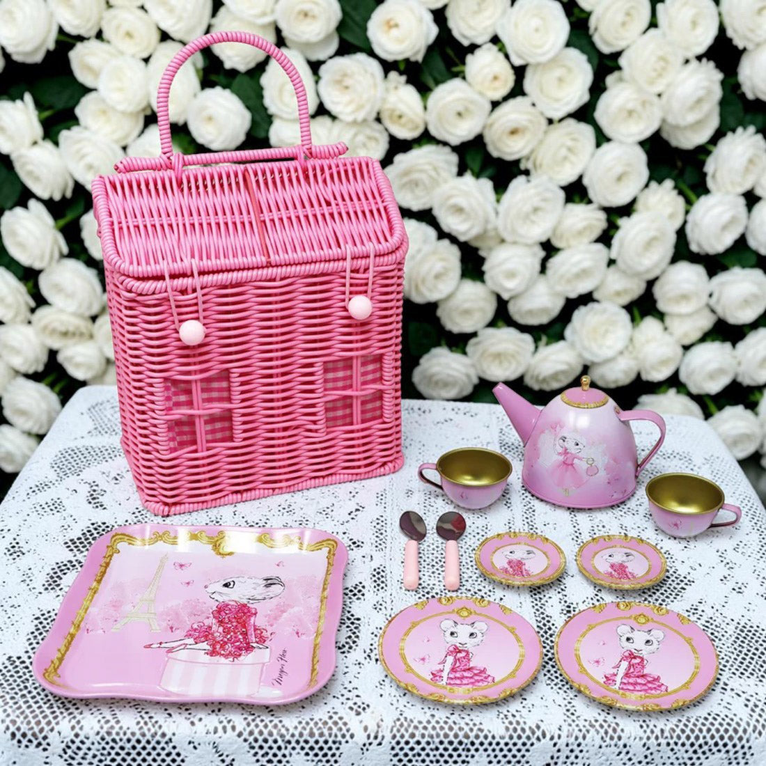 Claris The Chicest Mouse In Paris 11 Pieces Tea Set with Woven Basket