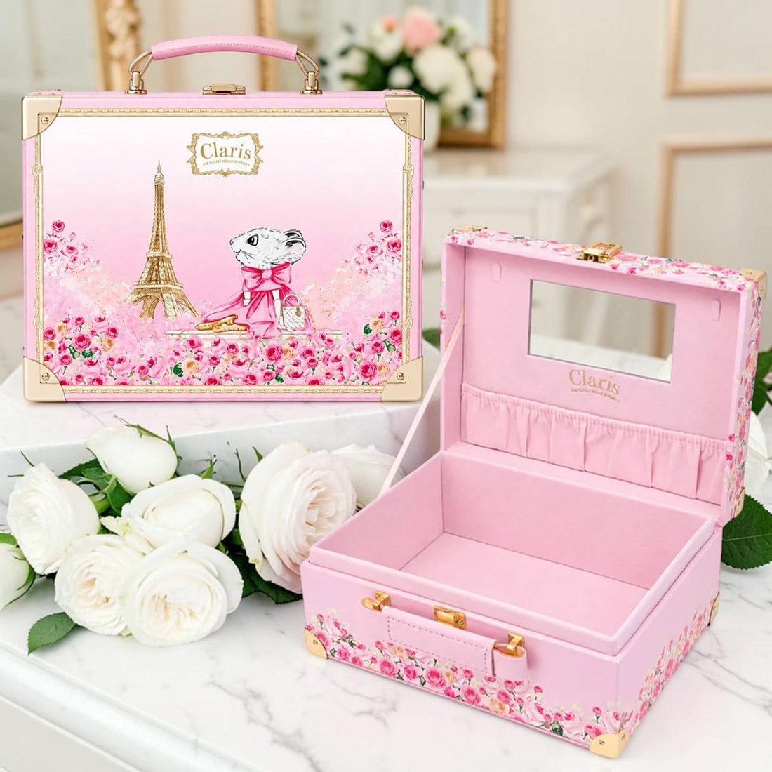 Pink claris in paris floral jewelry box set with a hinged lid, mirror, and gold-tone hardware, 