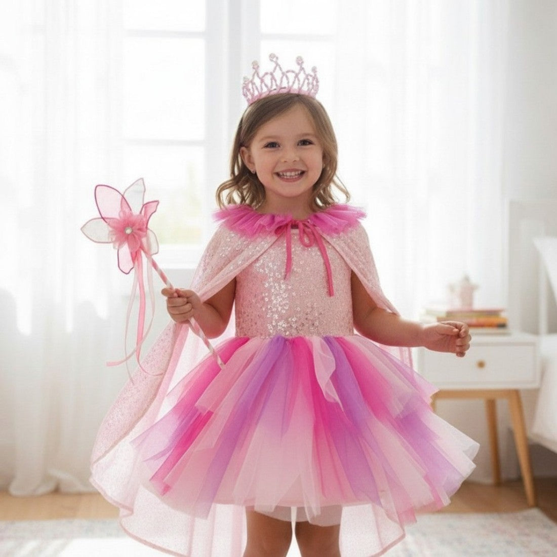 Young girl in a pink princess dress with a tiara and wand, standing in a bright room.