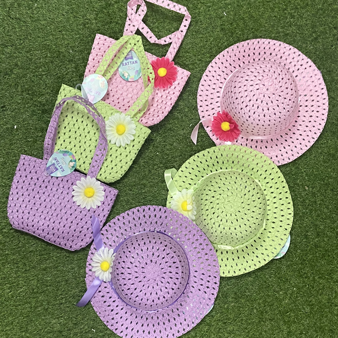 Colourful Childs Rattan Bag with Flower