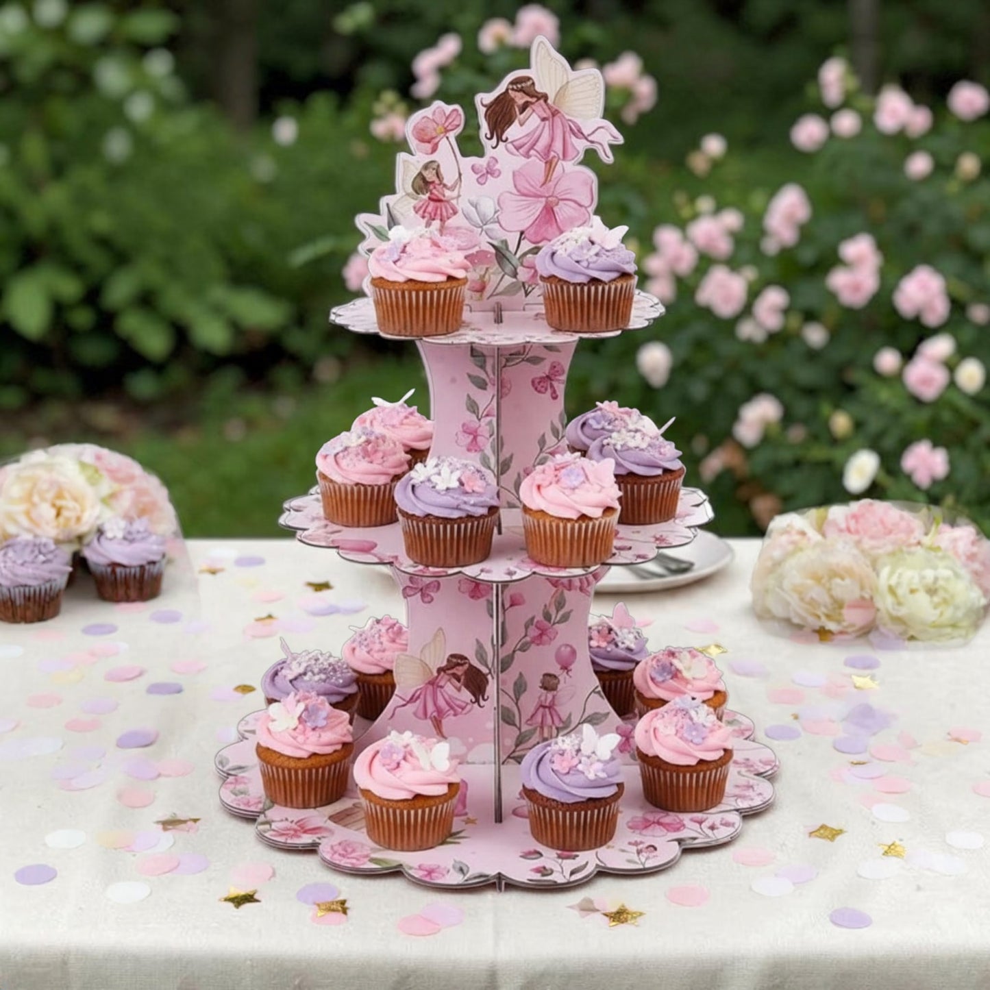 A pink fairy-themed three-tier cupcake stand holding assorted cupcakes, set on a decorated table with pink and white flowers in the background.
