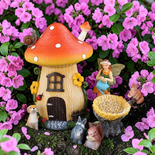 Enchanted Fairy Garden 6-Piece Resin House Set with Miniature Animal Friends