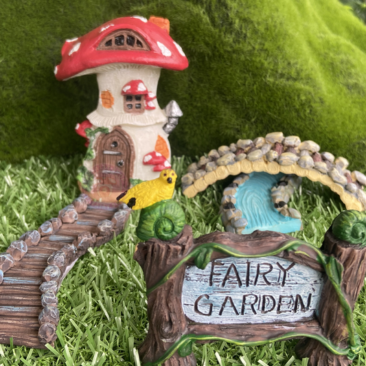 Enchanted Fairy Garden Path Bridge Stream Sign and House Gift Set