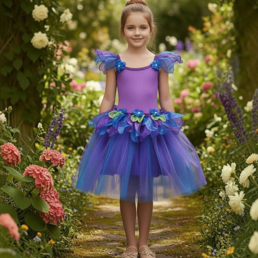 A young girl stands on a garden path wearing a purple and blue fairy tale-style tutu dress with ruffled shoulder details and floral accents.